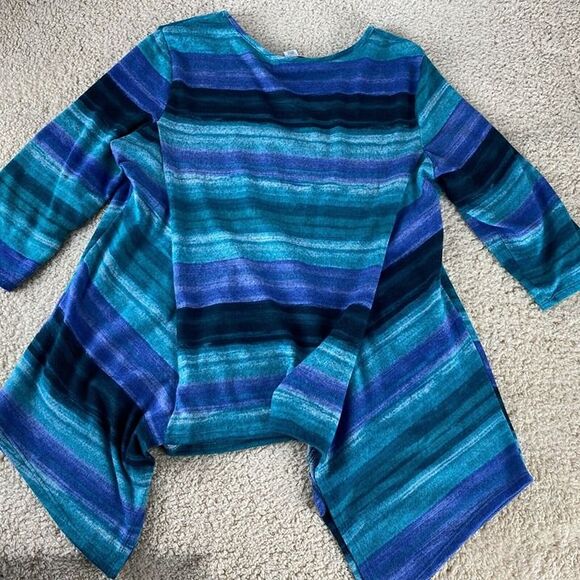Christopher & Banks Women's Sz L Greens Blues Stripe Hi Lo Hem Long Sleeve Top - Picture 6 of 11